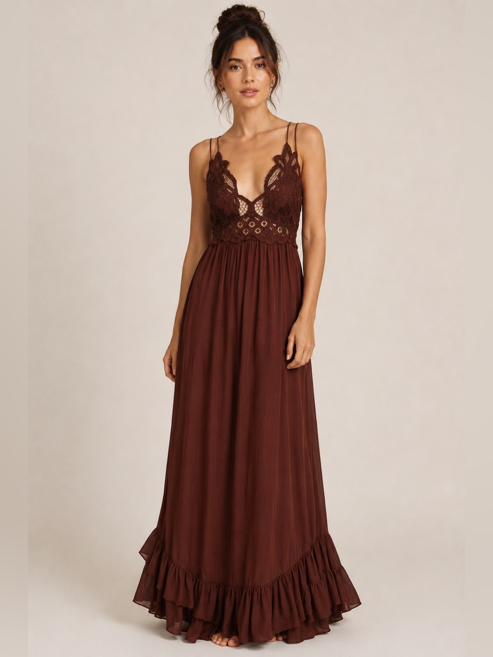 Free People Brown Lace Maxi Dress Boho Romantic Adjustable Straps